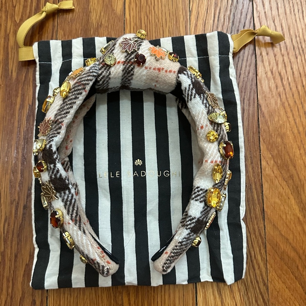 Lele Sadoughi Fall Plaid Headband with Rhinestones and Leaf Charms